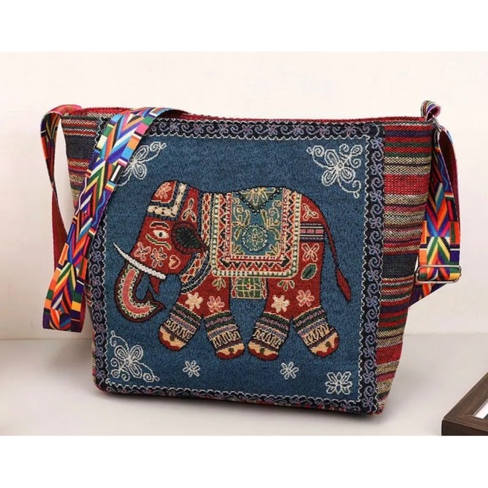 Red Elephant on Blue Embroidered Boho Cross‎ Body Bag Tote